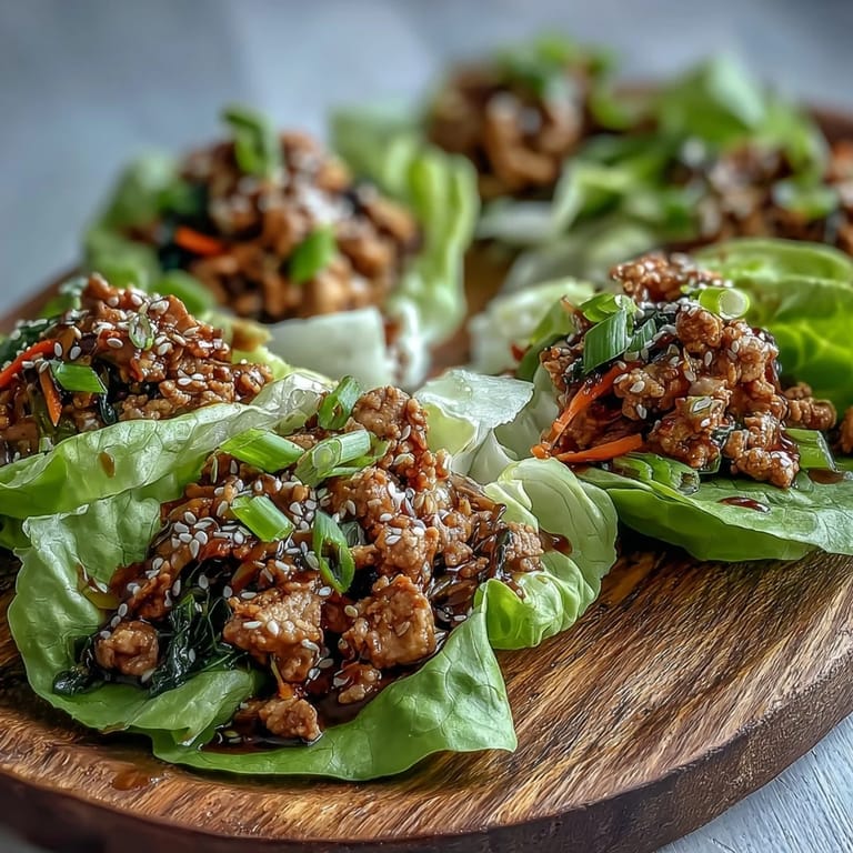 Fresh butter lettuce cups cradle the ginger-garlic turkey filling, sprinkled with toasted sesame seeds for a flavorful bite.