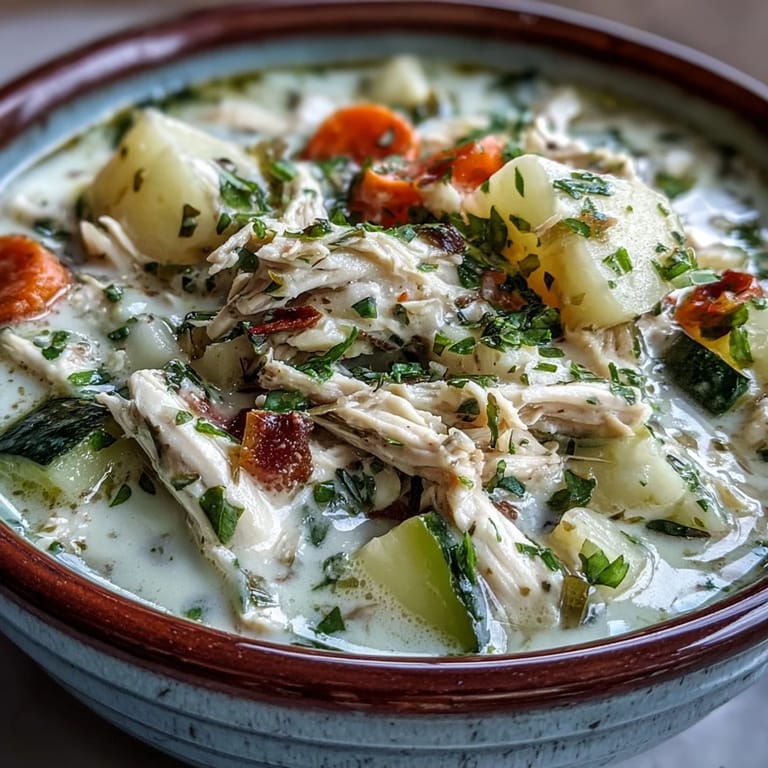 A hearty Ranch Chicken Veggie Soup simmers in a pot with colorful diced vegetables and shredded chicken.