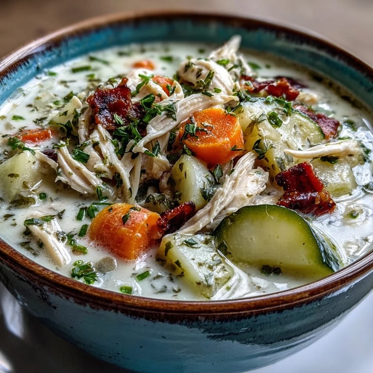 Large pot of Ranch Chicken Veggie Soup with carrots, potatoes, and corn, ready to serve with herbs.