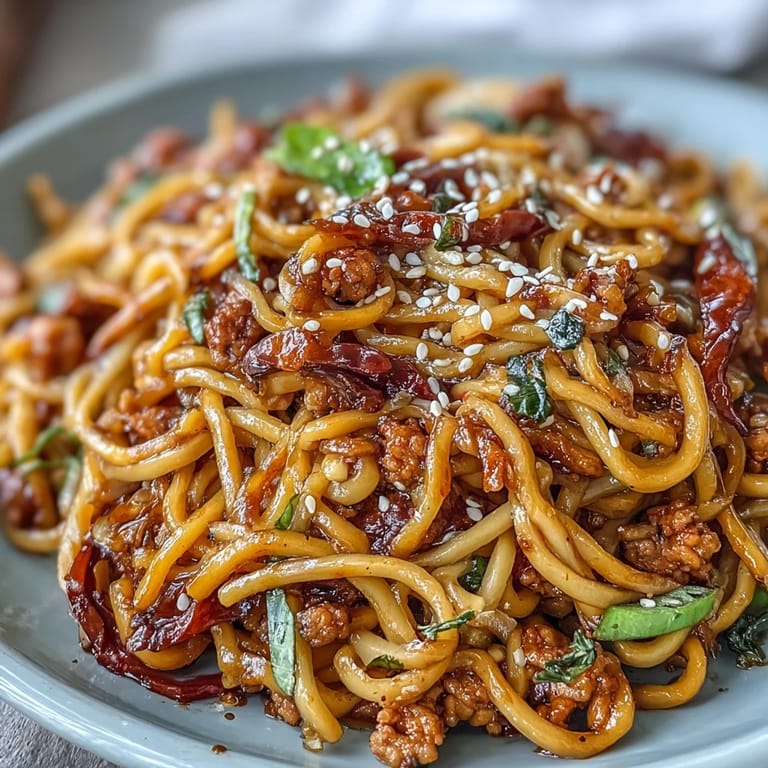 Close-up of Korean Turkey Fried Noodles featuring bouncy noodles and colorful veggies, ready to serve with kimchi