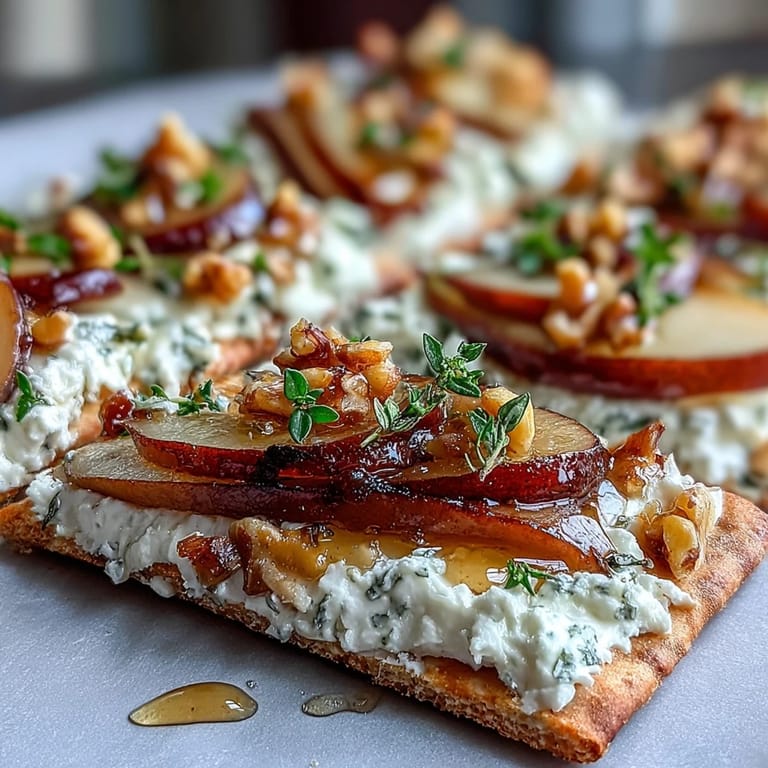 Golden-edged Goat Cheese & Pear Flatbread served warm with chopped walnuts, ready for a party appetizer platter.