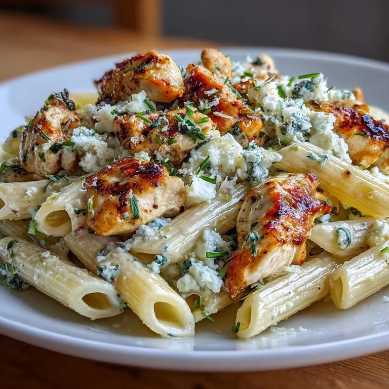 Close-up of Creamy Lemon Feta Chicken Pasta, tangy feta and Parmesan melting into a velvety lemon sauce.