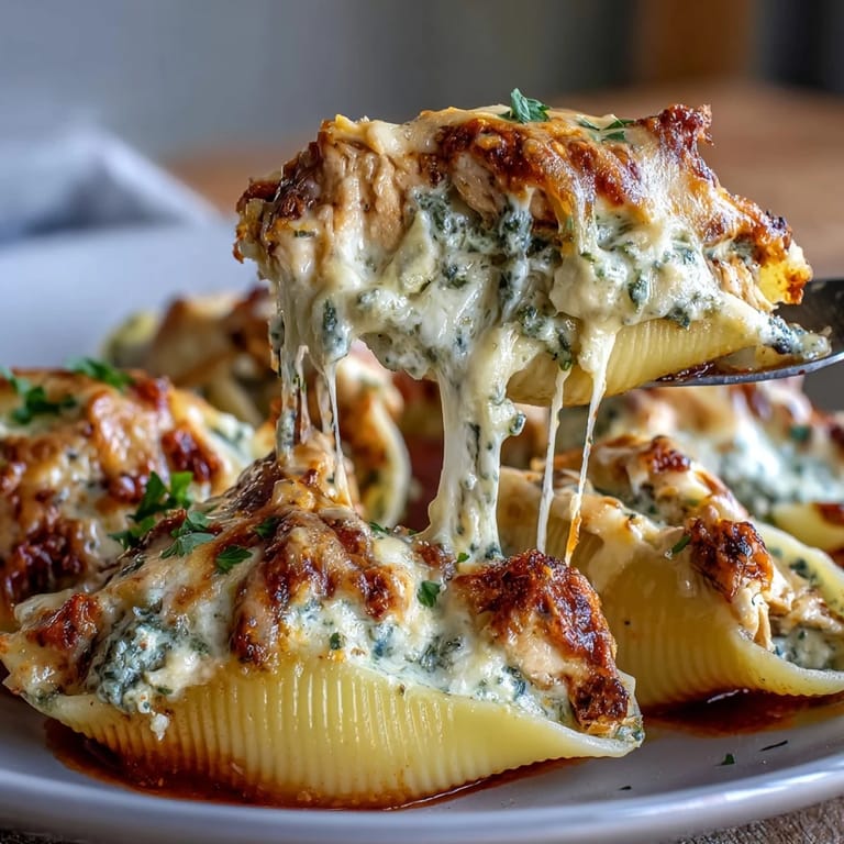 Pasta shells filled with creamy ricotta and pesto chicken, served in a white baking dish.