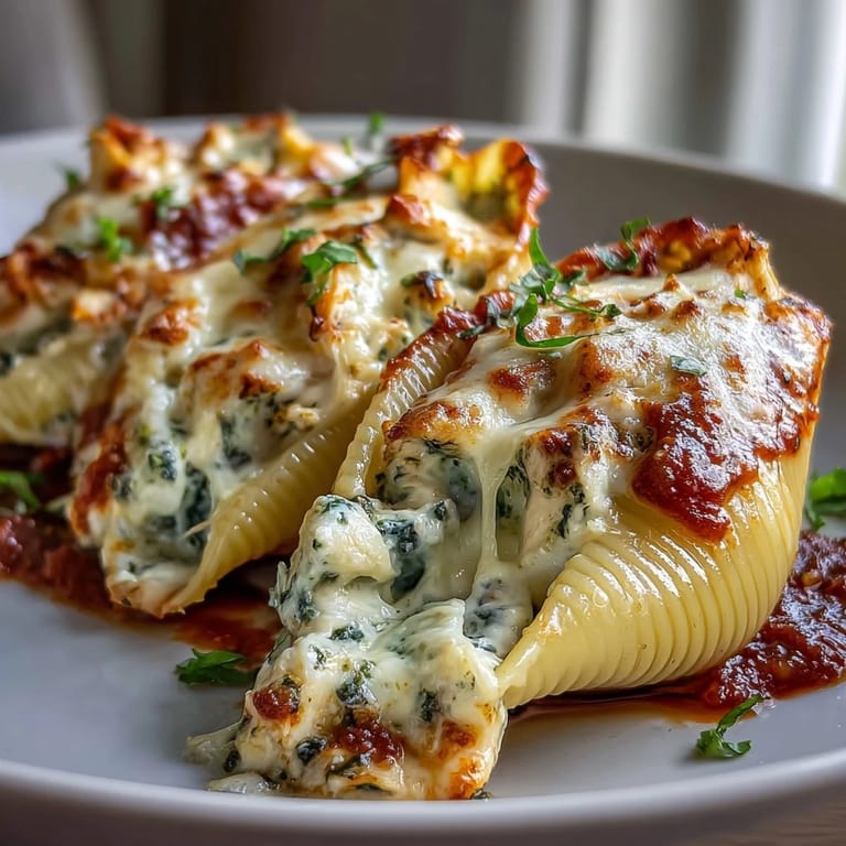 Close-up of Pesto Lasagna Stuffed Shells revealing rich marinara sauce and melted mozzarella topping.