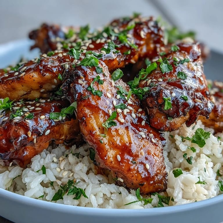 Juicy Oven-Baked Honey Garlic Chicken Wings & Rice plated, sticky glaze dripping, ready for a family-style dinner.