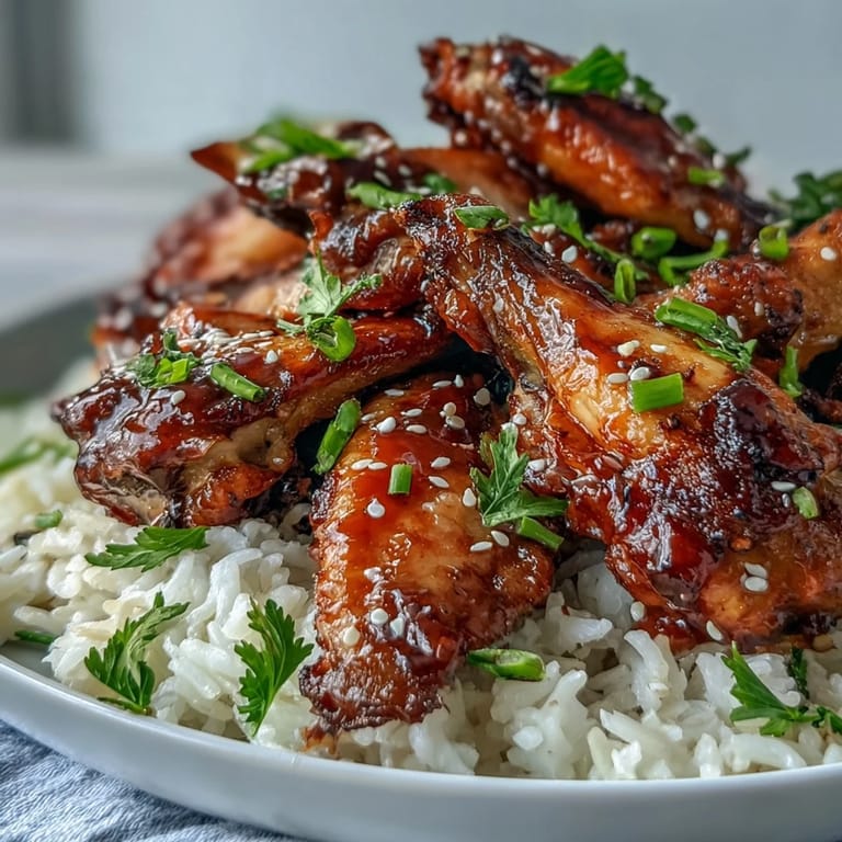Tender Oven-Baked Honey Garlic Chicken Wings & Rice with sesame garnish, steaming on a plate beside a cold drink.