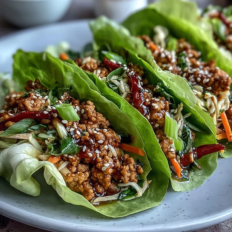 Hearty Turkey Potsticker Stir-Fry Lettuce Wraps in cool romaine leaves, showcasing savory turkey, red bell peppers, and a glistening ginger-soy glaze, ready to be enjoyed by hand.