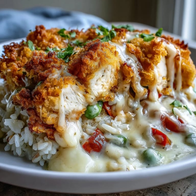 Comforting slice of Creamy Garlic Chicken & Rice Casserole on a plate, paired with a fresh green side salad.