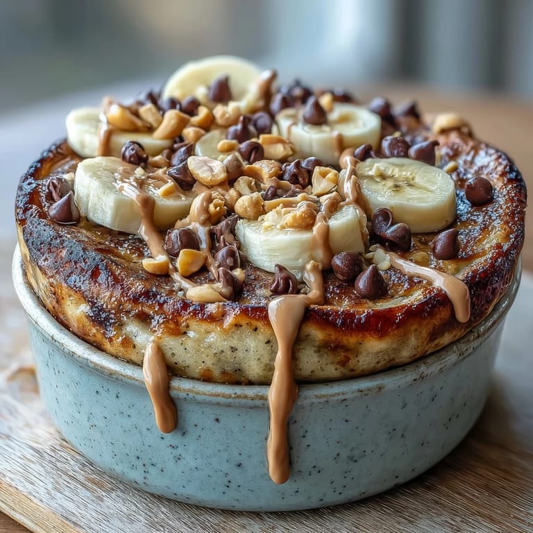 Warm Peanut Butter Cup Protein Pancake Bowl fresh from the oven, with melted chocolate chips and a creamy peanut butter topping.