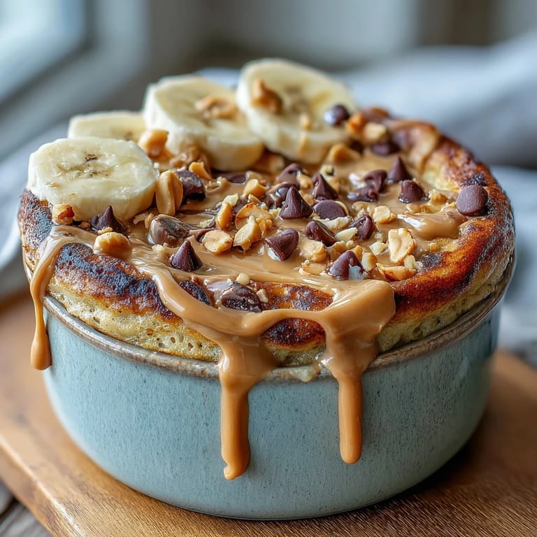 Fully baked Peanut Butter Cup Protein Pancake Bowl in a ramekin, finished with chocolate chips and a peanut drizzle, ready to eat.