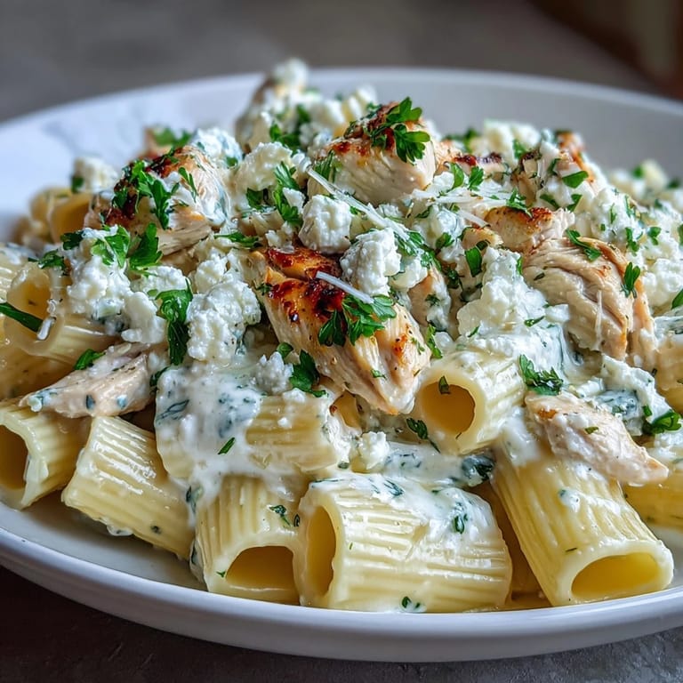 A close-up of Creamy Lemon Feta Chicken Pasta showing the silky lemon sauce clinging to penne noodles.