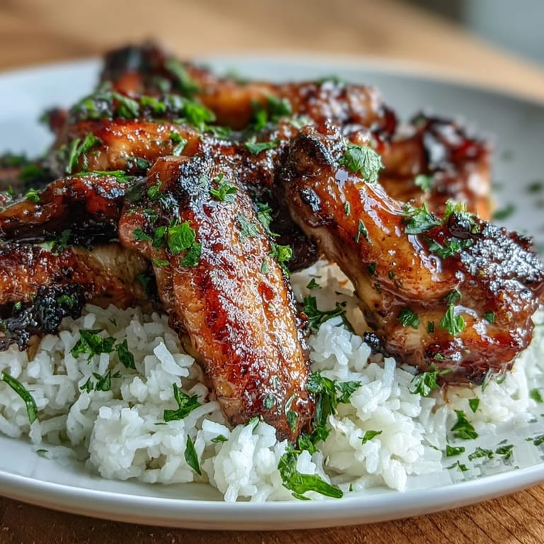 For game day, platter Oven-Baked Honey Garlic Chicken Wings & Rice with fluffy rice and extra sauce for dipping wings.