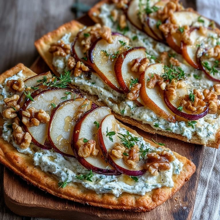 Golden Goat Cheese & Pear Flatbread with caramelized onions, walnuts, and warm hot honey for a sweet-spicy finish on a serving platter.