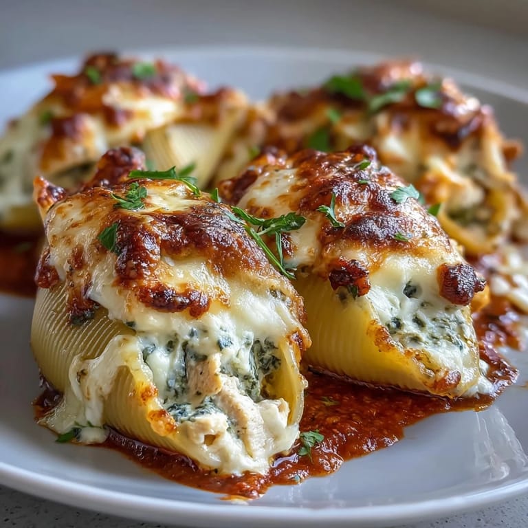 Twelve jumbo Pesto Lasagna Stuffed Shells in a baking dish with marinara sauce and Parmesan.