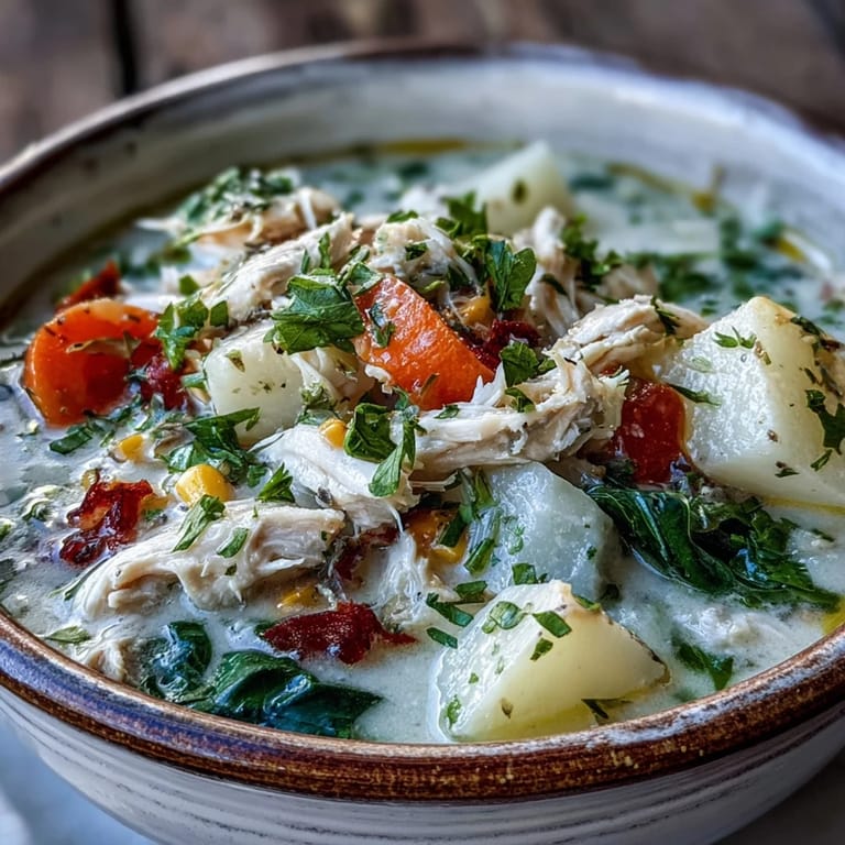 Bright, fresh Ranch Chicken Veggie Soup shows vibrant diced bell peppers and carrots, creating a colorful and appetizing bowl of comfort.