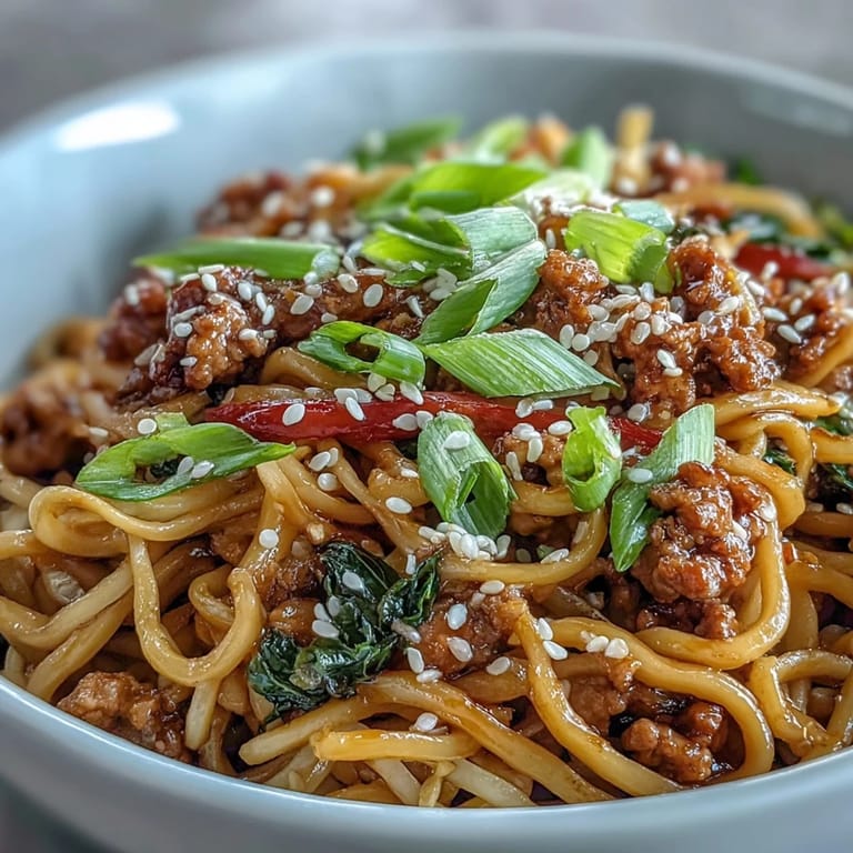 Garnished with sesame seeds and green onions on a rustic plate.