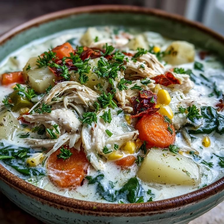 Hearty Ranch Chicken Veggie Soup in a white bowl is topped with parsley and chives, ready to serve with crusty bread.