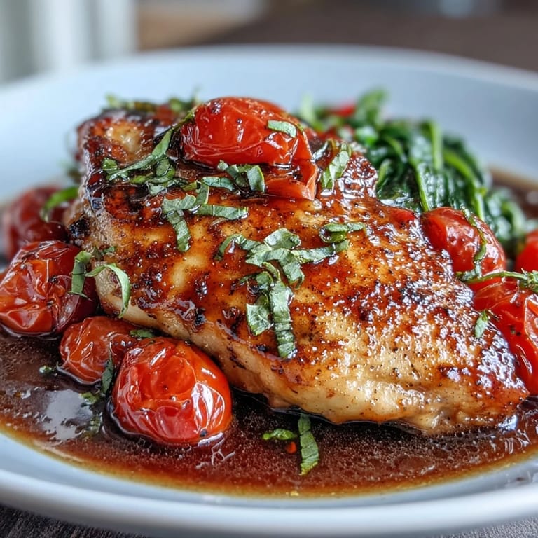 Golden-brown chicken breasts simmered in tangy balsamic sauce with sweet tomatoes and vibrant baby spinach, served straight from the pan.  