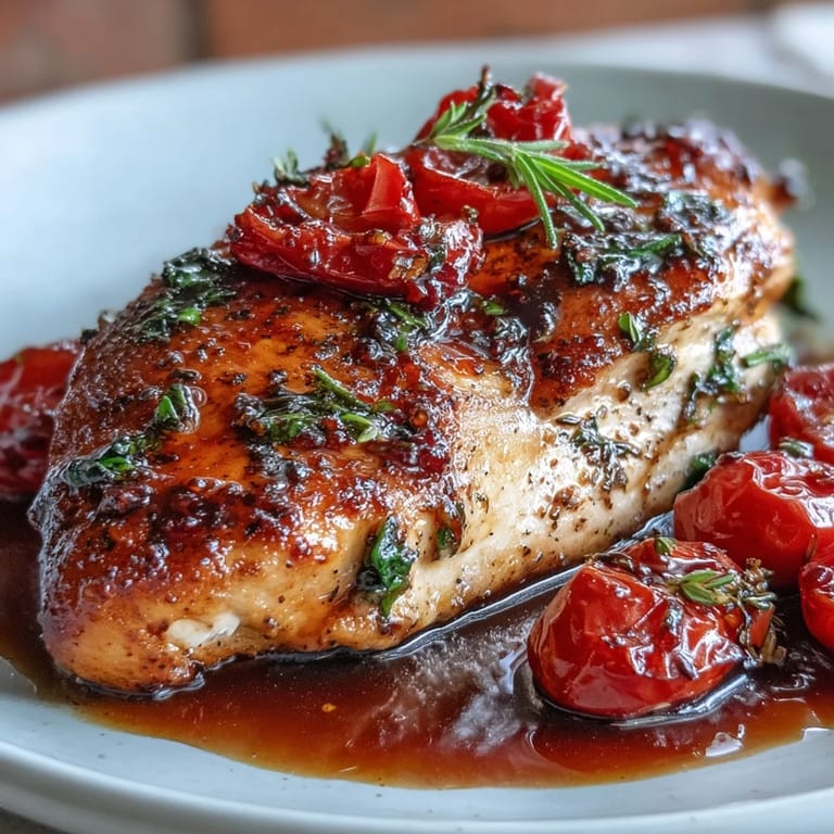 Juicy chicken breasts topped with a savory balsamic glaze, roasted cherry tomatoes, and tender spinach, perfect for a quick weeknight dinner.