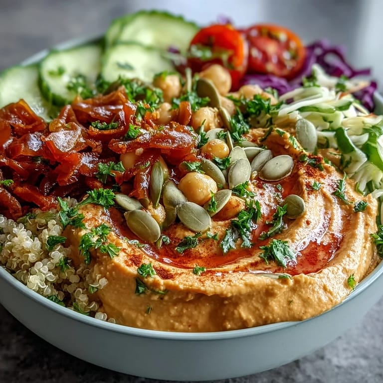 Vibrant plant-based bowls featuring smoky roasted red pepper hummus, crisp greens, and crunchy seeds for a satisfying lunch or dinner.  