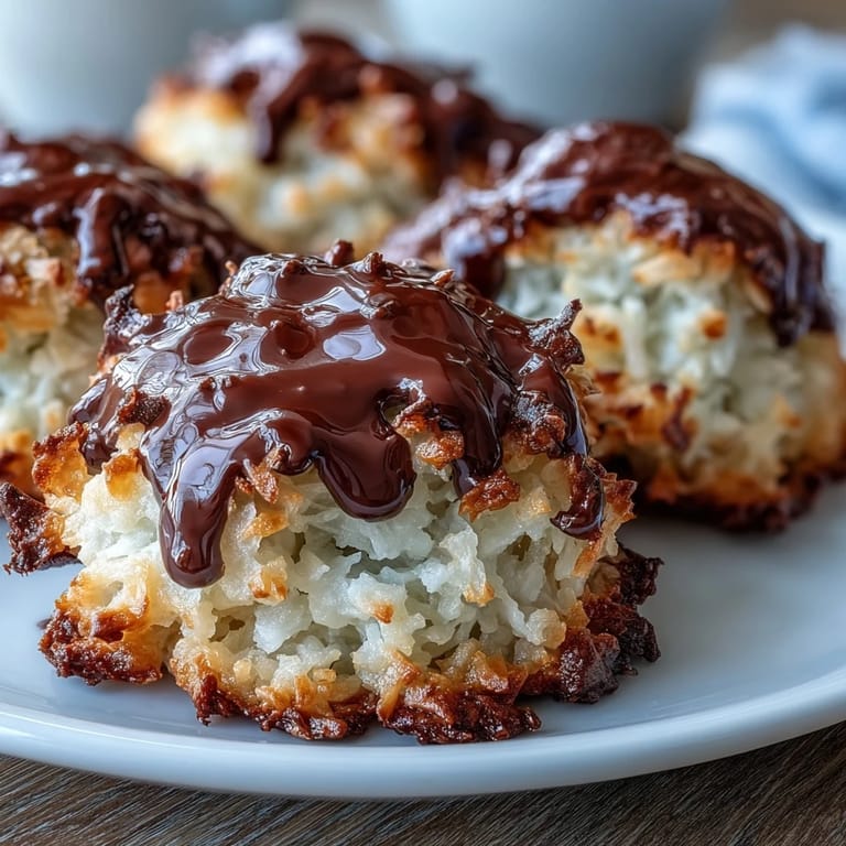 Chewy vegan coconut macaroons topped with glossy dark chocolate drizzle, ideal for gluten-free dessert lovers.  