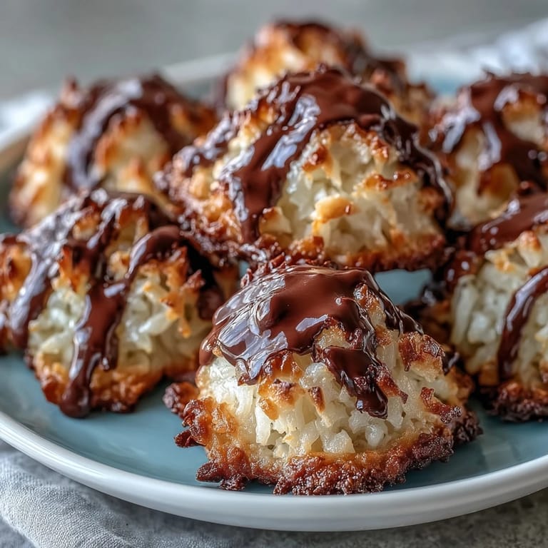 Baked vegan coconut macaroons with decadent dark chocolate drizzle, offering a tropical twist on a classic sweet.