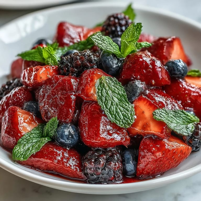 A refreshing summer berry salad with juicy strawberries, blueberries, and raspberries, garnished with chopped mint and honey.