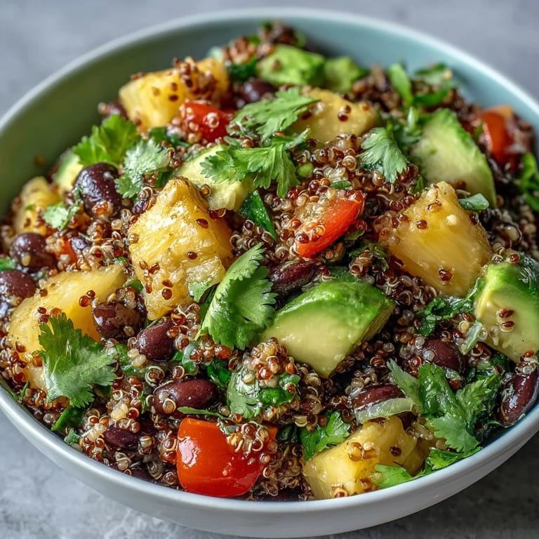 Fresh, colorful tropical quinoa salad featuring sweet pineapple, black beans, and crisp vegetables, tossed in a bright lime vinaigrette.