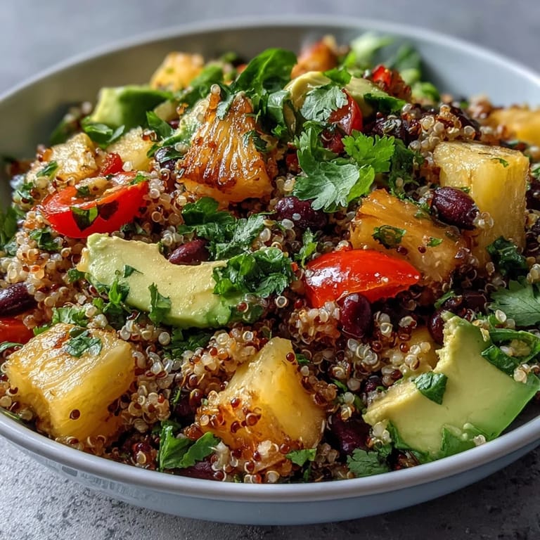 Hearty and refreshing tropical quinoa salad with pineapple, black beans, avocado, and red bell pepper, perfect for a healthy lunch.