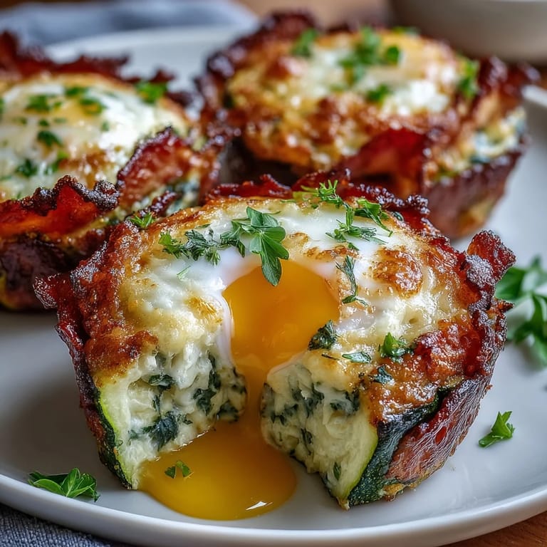 Wholesome low-carb breakfast featuring zucchini nests filled with smoky bacon crumbles and baked eggs for a satisfying morning meal.  