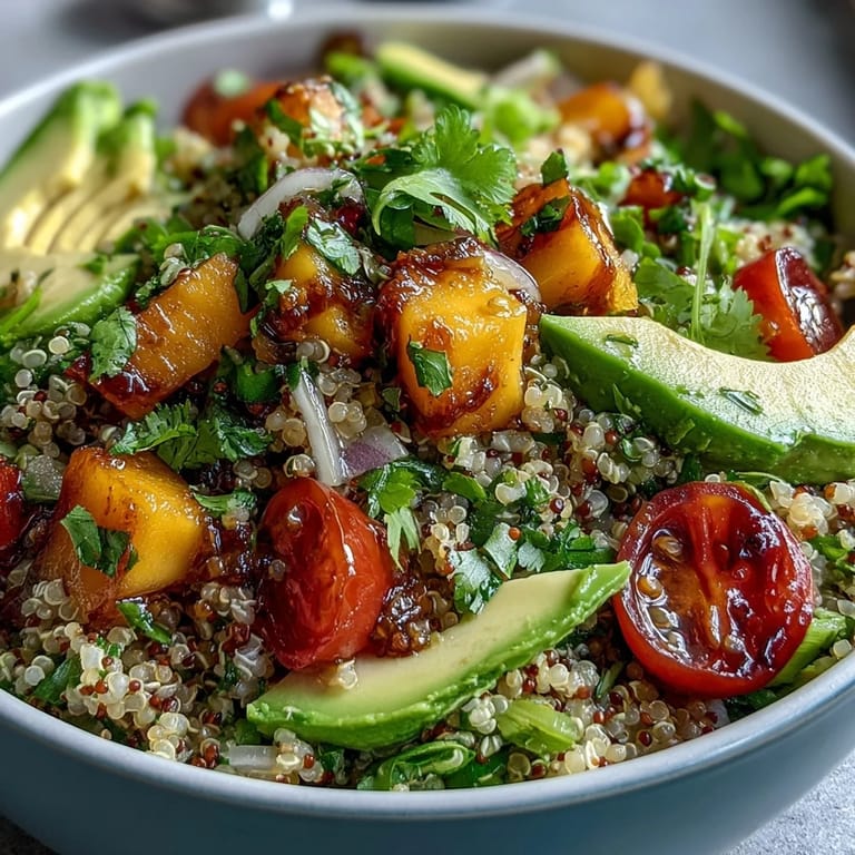 Refreshing summer salad with ripe mango, avocado, and quinoa tossed in tangy lime dressing, perfect for light lunches or healthy dinners.  