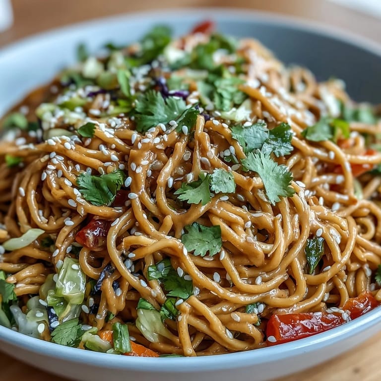 Nutty soba noodles tossed in a creamy, spicy peanut sauce with fresh cilantro, scallions, and colorful slaw for a satisfying plant-based meal.  