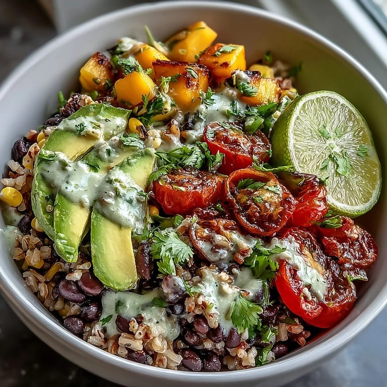 Colorful Mango and Black Bean Brown Rice Fiesta Bowls with lime dressing, fresh cilantro, and crunchy vegetables in every bite.