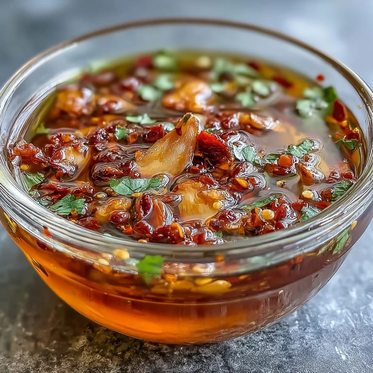 Vibrant Asian-inspired dipping sauce with minced garlic, ginger, and chili flakes infused in silky oil, perfect for dumplings.  