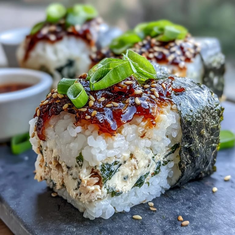 Hand-shaped Japanese rice balls filled with spicy tuna mixture, wrapped in nori for an authentic sushi-like handheld meal.  