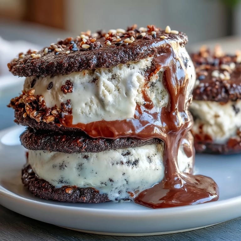 Black sesame ice cream sandwiches feature smooth, dark filling between crisp, nutty cookies.