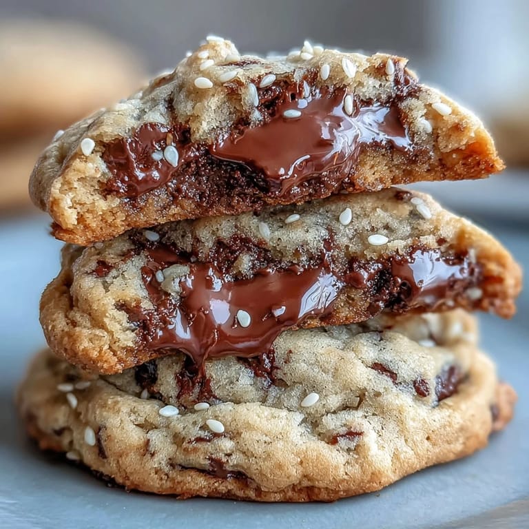 A close-up of chewy tahini chocolate chip cookies with visible chocolate chunks and golden edges.