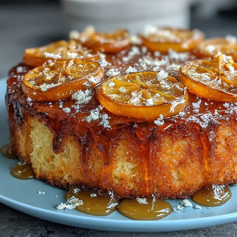 Fragrant olive oil cake studded with candied oranges, inverted to reveal glossy citrus topping, and served with a tangy citrus glaze.
