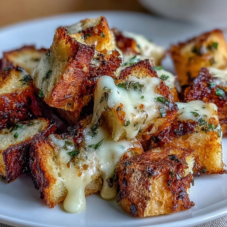 Savory sourdough croutons seasoned with garlic and herbs, adding a crisp texture to classic French onion soup.  