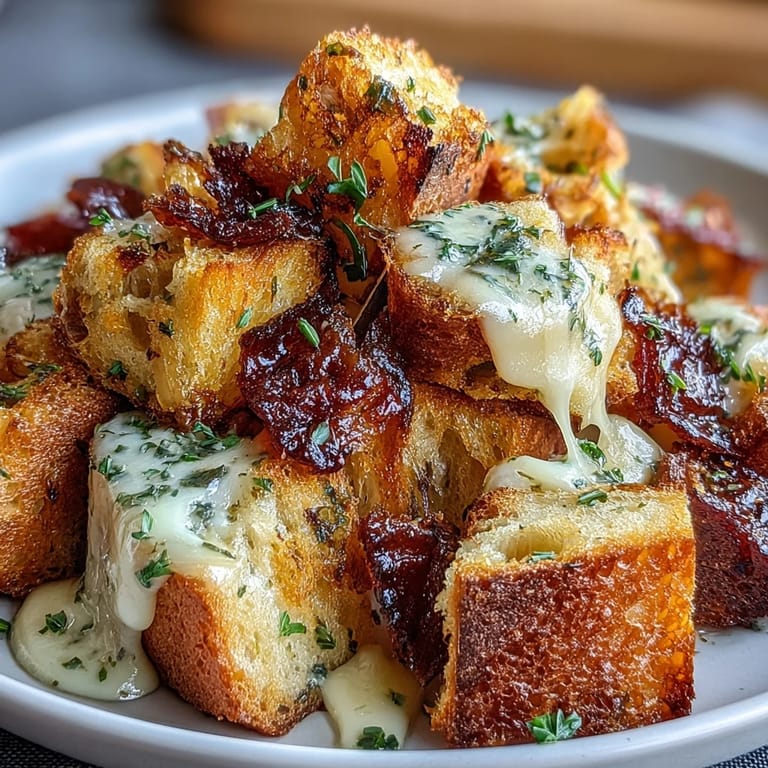 Golden sourdough croutons drizzled with olive oil and baked until crisp, perfect for French onion soup garnish.