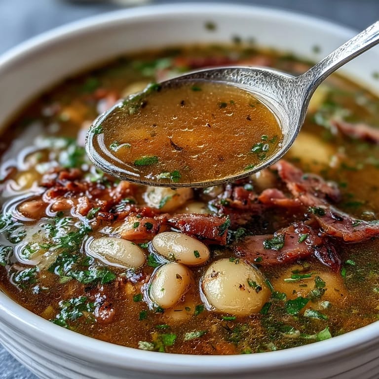 Rich and hearty bean soup featuring tender white beans, diced smoked ham, and golden potatoes in a savory broth.  
