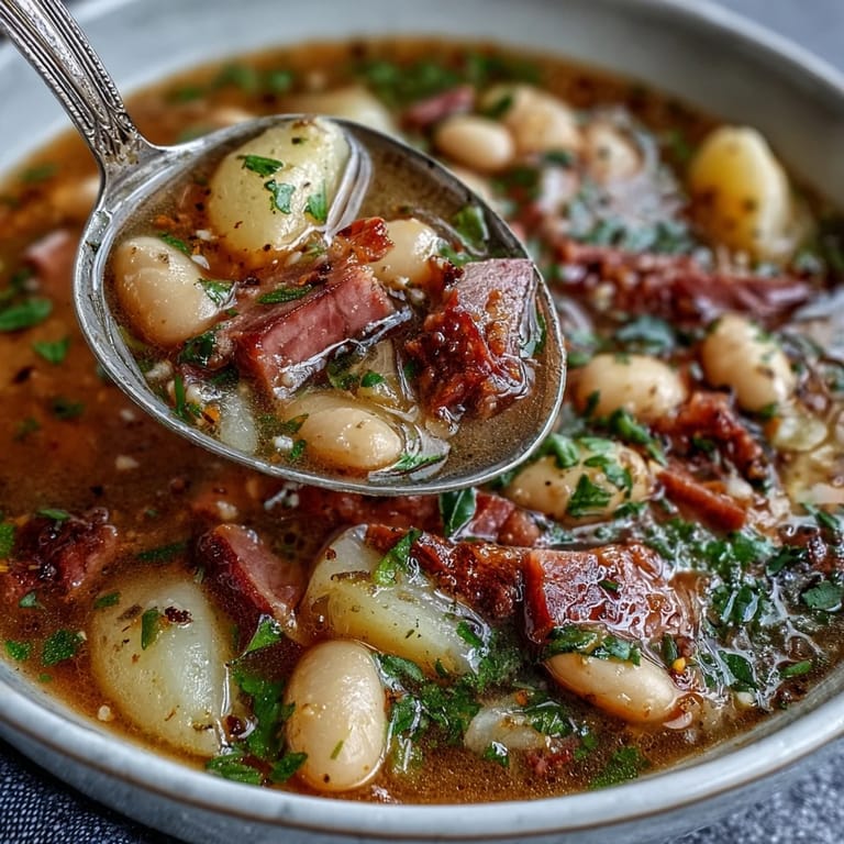 Cozy winter soup with smoky ham, creamy potatoes, and white beans, perfect for warming up on cold days.
