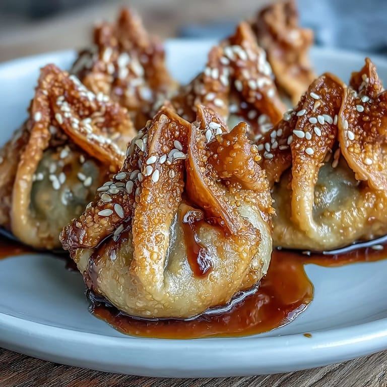 Golden brown chicken dumplings air-fried to perfection, paired with a flavorful sesame soy dipping sauce.  
