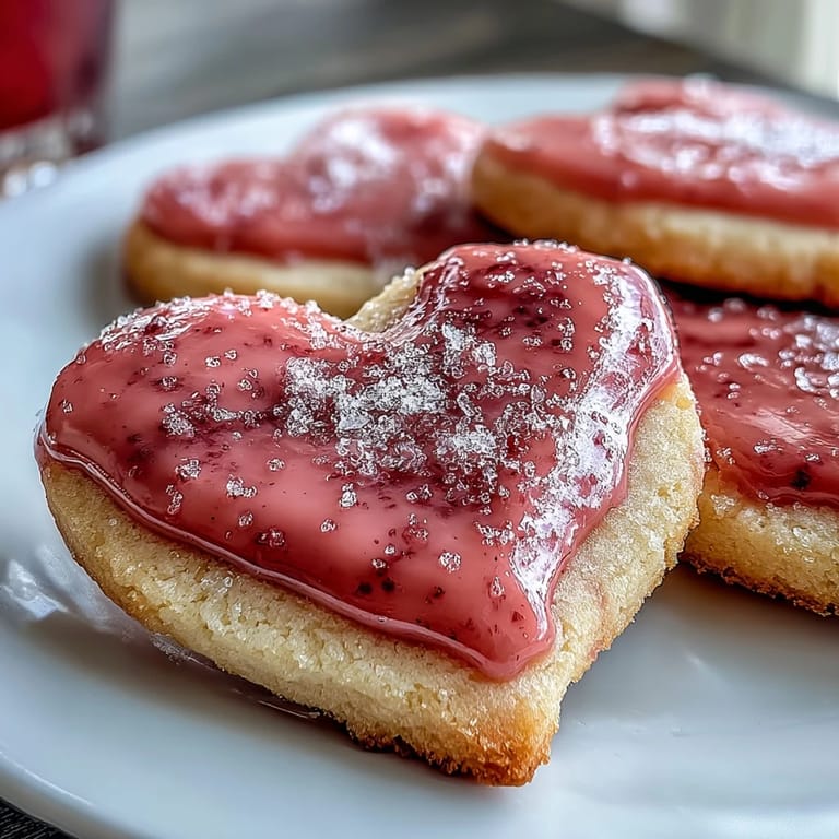 Buttery sugar cookies topped with vibrant strawberry icing, made with fresh berries for natural flavor.  