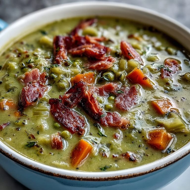 Hearty ham and split pea soup with sweet carrots, garnished with fresh parsley and served with crusty bread.