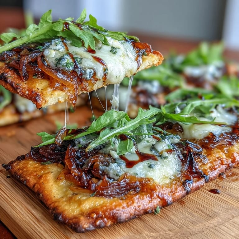 2. A crispy flatbread pizza topped with sweet caramelized onions, melted cheese, peppery arugula, and a tangy balsamic drizzle for gourmet flavor.  