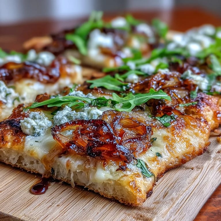 3. Gourmet flatbread pizza featuring rich caramelized onions, creamy goat cheese, fresh arugula, and balsamic glaze—perfect for a light, satisfying meal.