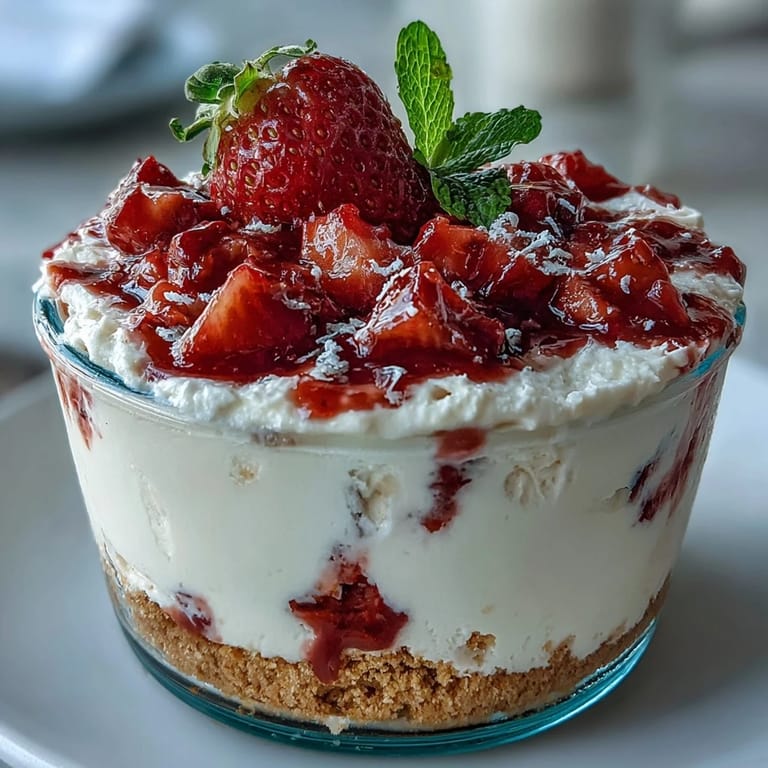 No-bake cheesecake cups layered with graham cracker crust, whipped cream cheese, and diced strawberries for a sweet holiday treat.