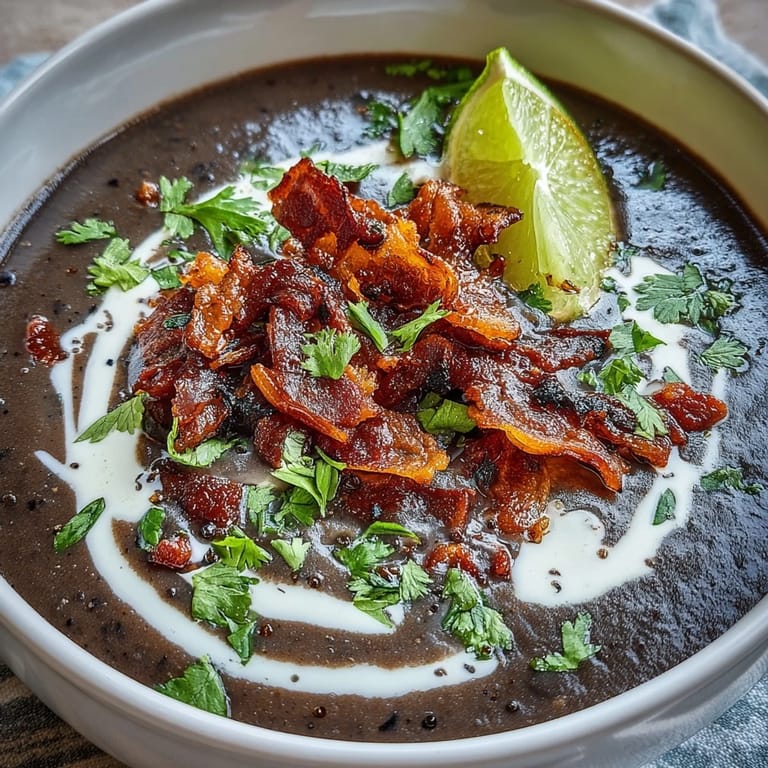 Velvety black bean soup topped with smoky bacon and tangy lime crema for bold flavor.  