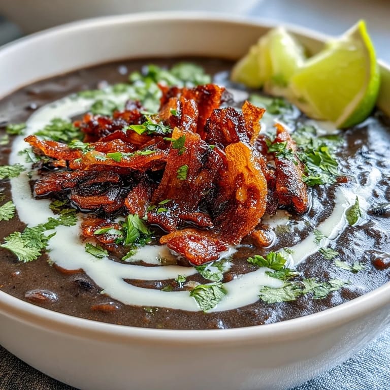 Rich and creamy black bean soup garnished with bacon and lime crema, ideal for chilly nights.